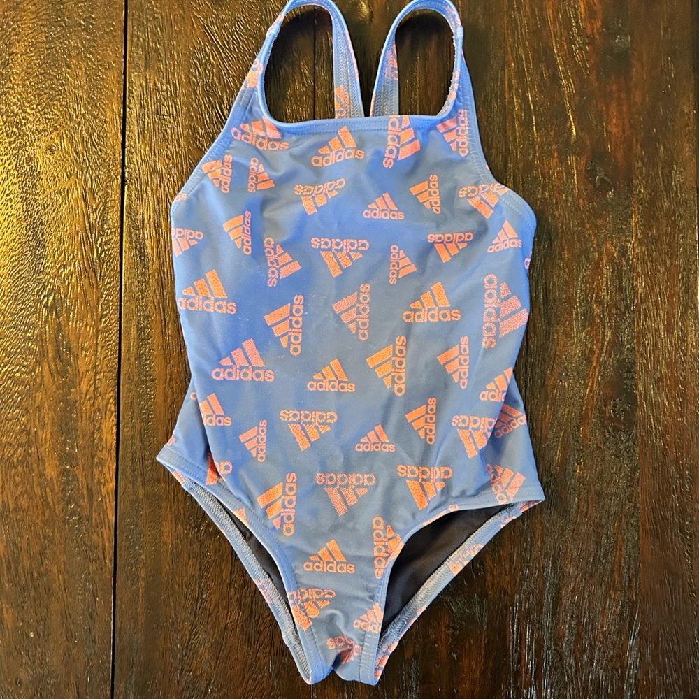adidas Girls Light Blue One-Piece Swimsuit with Pink Logo Print
